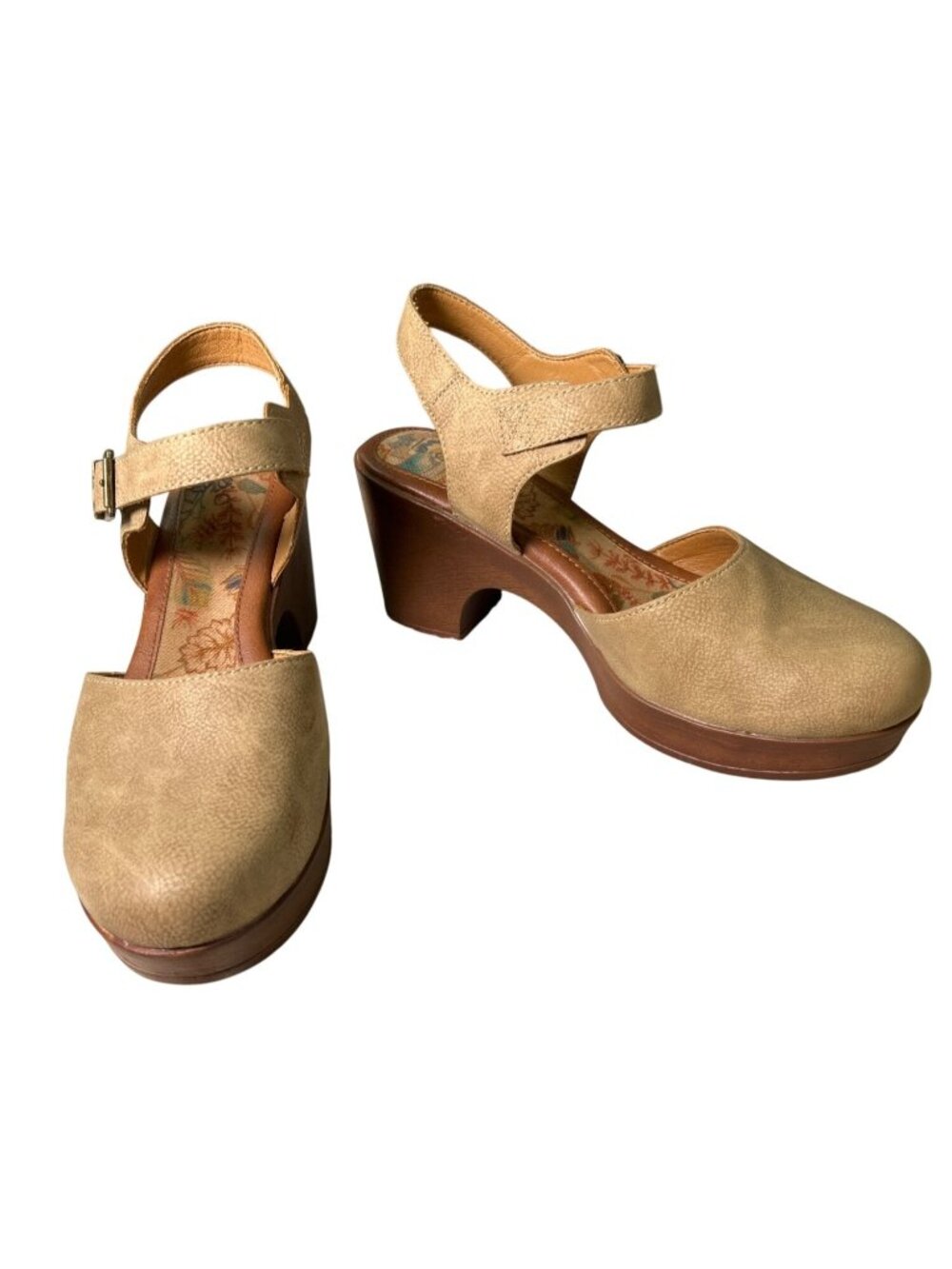 BOC BORN Platform Heel Sandals Women's 10 Tan Adjustable Strap & Floral Insole